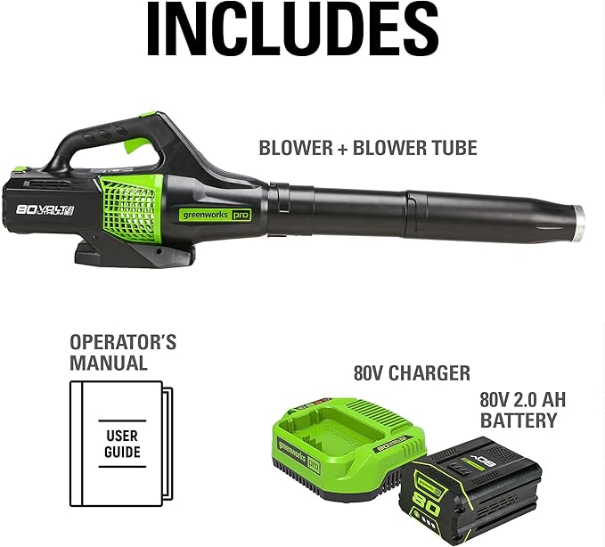 Greenworks 80V (150 MPH / 500 CFM / 75+ Compatible Tools) Cordless Axial Leaf Blower, 2.0Ah Battery and Charger Included