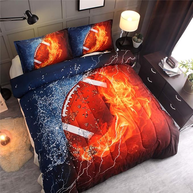 NTBED American Football Comforter Set for Boys Teens,3D Sports Bedding Full Size,Rugby Printed Quilt Sets with 2 Matching Pillow Shams