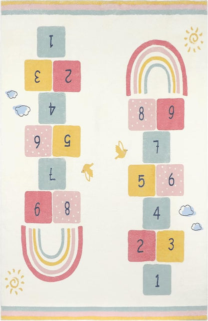 Topotdor Rainbow Sky Hopscotch Game Rugs,Kids Play Area Rugs Soft Floor Carpet for Bedroom Playroom Nursery,Great Gift for Girls & Boys,47" x 71"