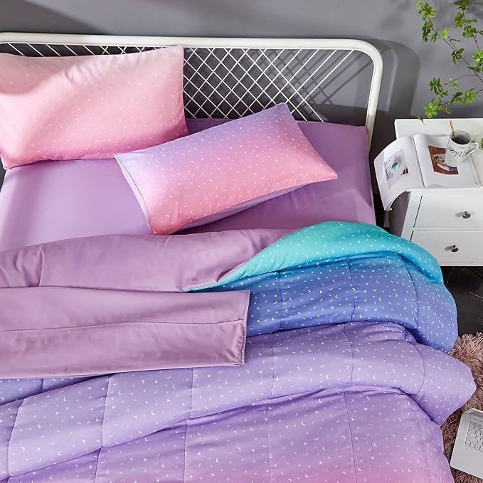 Pink Glitter Comforter Set for Teen Girls Women,Twin Size 4 Piece Bed in A Bag,Metallic Star Moon Printed Rainbow Comforter and Sheets,Ultra Soft Microfiber All Season Bedding Set(Twin,Green)