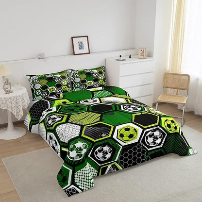 Erosebridal Boys Football Comforter Set Queen Soccer Sports Bedding Set Twin for Kids Teen,Geometric Honeycomb Down Comforter Hexagon Beehive Quilt Duvet Duvet Insert Green Black White 2 Pillow Cases