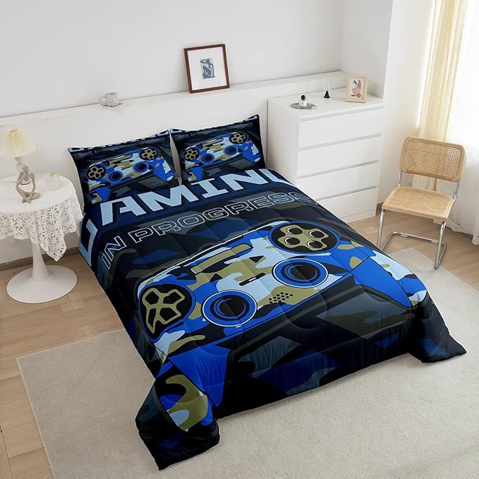 Boys Gaming Comforter Set Twin Size Teens Gamer Bedding Set Retro Blue Camouflage Video Game Controller Comforter For Kids Youth Bedroom Decor Gamer Console Action Buttons Duvet Set Microfiber