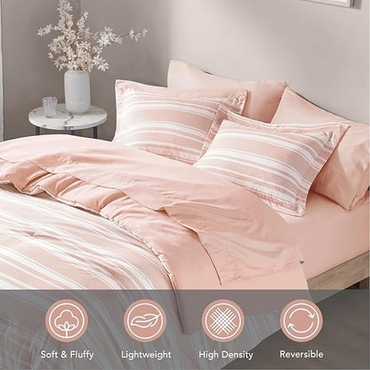 Codi Teen Girl Bedding Full Size, Pink Striped Bed in a Bag Reversible All Season Bed Set, 7 Piece Comforter Set with 2 Pillow Shams, Flat Sheet, Fitted Sheet and 2 Pillowcases