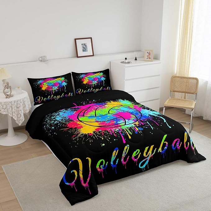 Kids Volleyball Comforter Set Full Size Sports Game Bedding Set for Boys Girls Teens Bedroom Decor Tie Dye Comforter Women Men Volleyball Player Duvet Set with 2 Pillow Case