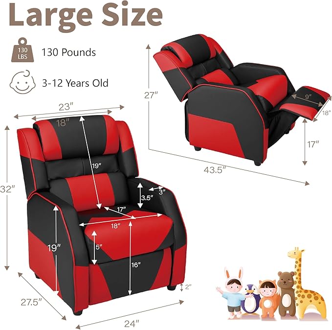 RACER Larger Kids Gaming Chair Leather Recliner Sofa Children Ages 3-12, BlackRed