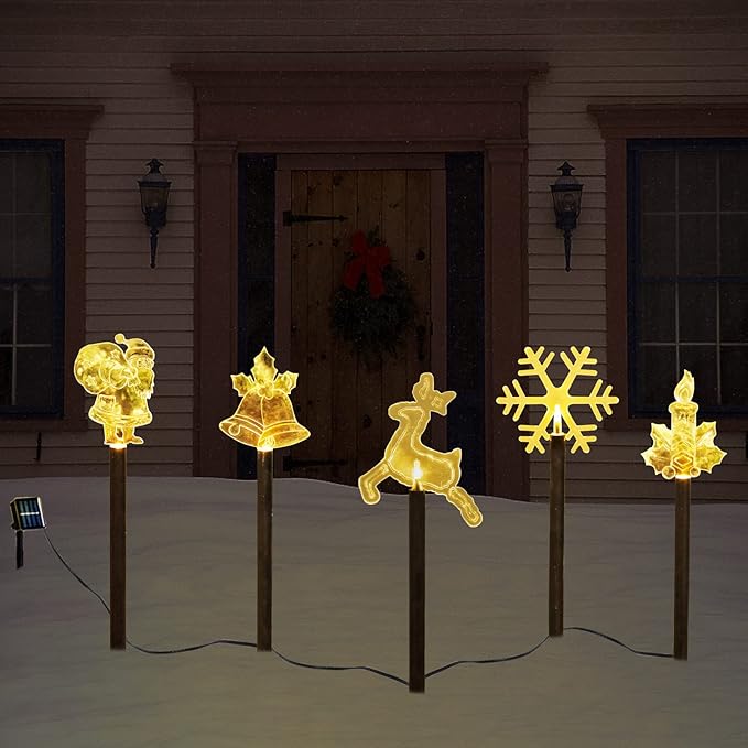 BRIGHTDECK Solar Christmas Pathway Lights Outdoor Decorations, Landscape Lights Waterproof Led Garden Stake Lights for Walkway Yard Lawn Porch Holiday Decor 5-Pack