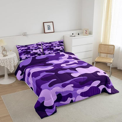 Full Size Camouflage Comforter Set 3Pcs Kids Bedding Set for Boys Girls Teens 1 Comforter & 2 Pillowcases(Full,Purple) Boys
