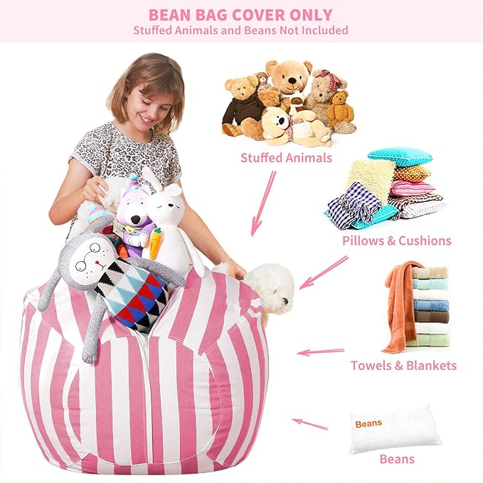 Aubliss Stuffed Animal Bean Bag Storage Chair, Beanbag Covers Only for Organizing Plush Toys, Turns into Bean Bag Seat for Kids When Filled, Large 38"-Canvas Stripes Pink/White