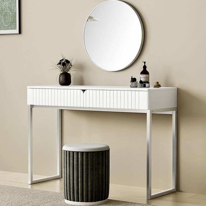 White Vanity Desk with 2 Drawers, Silver and White Desk,Home Office Desk Modern Makeup Vanity Table with Glossy Desktop,Writing Computer Standing Desk with Wood Top and Metal Legs