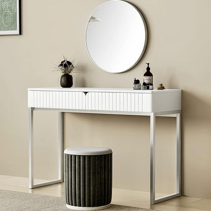 White Vanity Desk with 2 Drawers, Silver and White Desk,Home Office Desk Modern Makeup Vanity Table with Glossy Desktop,Writing Computer Standing Desk with Wood Top and Metal Legs
