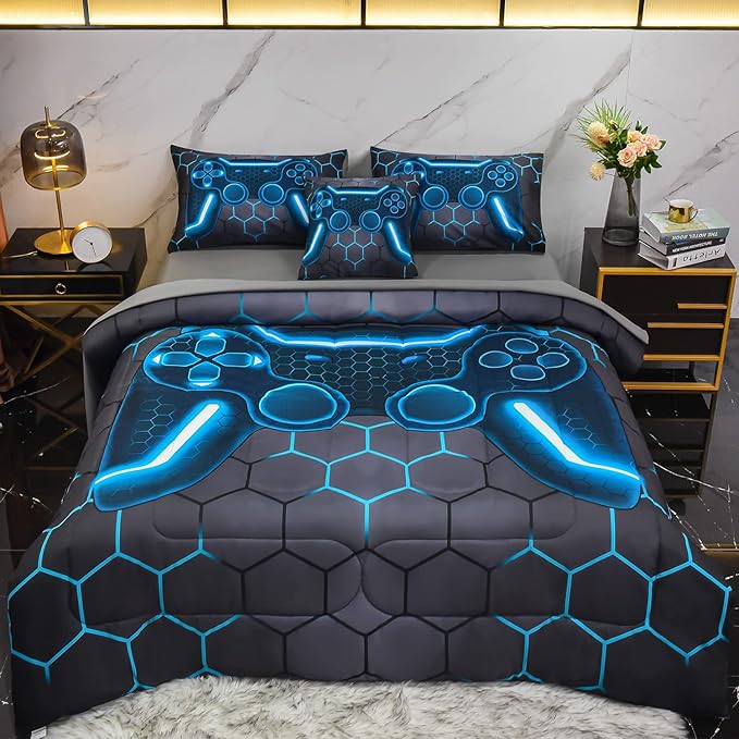 6Pcs Game Console Comforter Set with Sheets for Boys Girls Kids Teens, Geometric Gaming Themed Bed in A Bag Twin Size, Blue 3D Video Gamer Controller Bedroom Decor Bedding Set