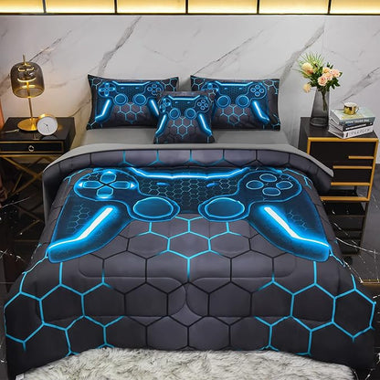 6Pcs Game Console Comforter Set with Sheets for Boys Girls Kids Teens, Geometric Gaming Themed Bed in A Bag Twin Size, Blue 3D Video Gamer Controller Bedroom Decor Bedding Set
