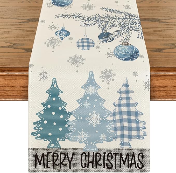 Artoid Mode Blue Pine Trees Merry Christmas Table Runner, Winter Xmas Holiday Kitchen Dining Table Decoration for Home Party Decor 13x48 Inch