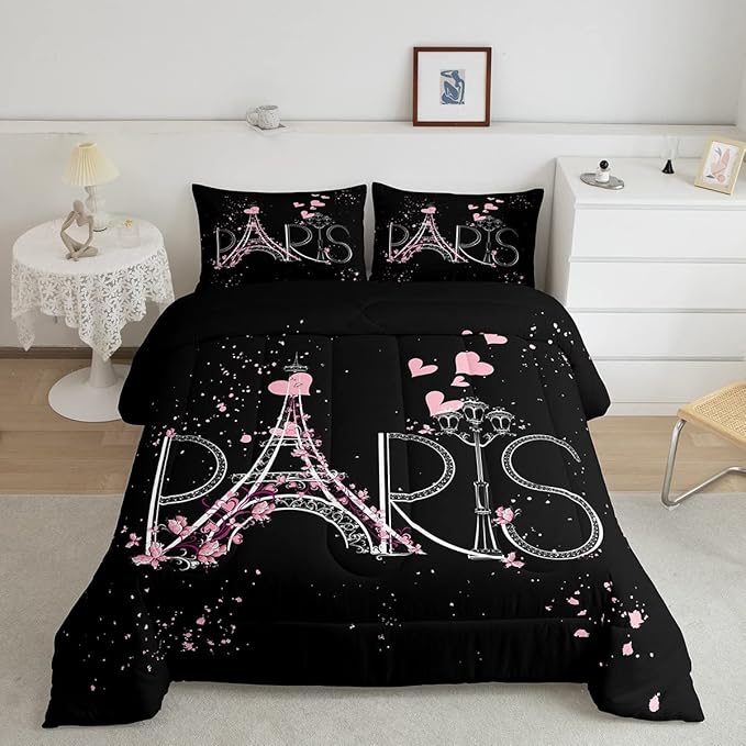 Eiffel Tower Comforter Set Chic Paris Bedding Set Romantic Theme Comforter for Boys Girls Children Teens Black Pink Bedroom Decor Modern French Style Duvet Set Queen Size with 2 Pillow Case