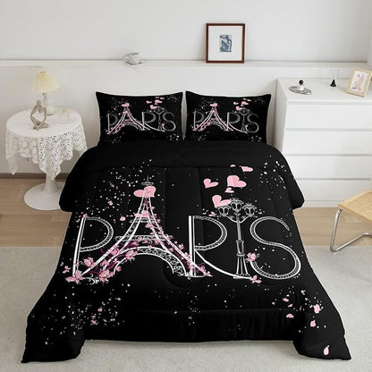 Eiffel Tower Comforter Set Chic Paris Bedding Set Romantic Theme Comforter for Boys Girls Children Teens Black Pink Bedroom Decor Modern French Style Duvet Set Queen Size with 2 Pillow Case