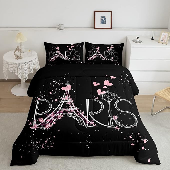 Eiffel Tower Comforter Set Chic Paris Bedding Set Romantic Theme Comforter for Boys Girls Children Teens Black Pink Bedroom Decor Modern French Style Duvet Set Full Size with 2 Pillow Case