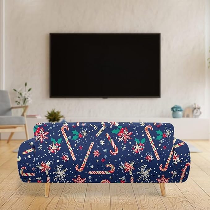 FKELYI Christmas Easy Going Stretch Sofa Slipcover Blue Candy Cane Furniture Protector Easy Going Stretch Sofa Slipcovers with Elastic Bottom XL