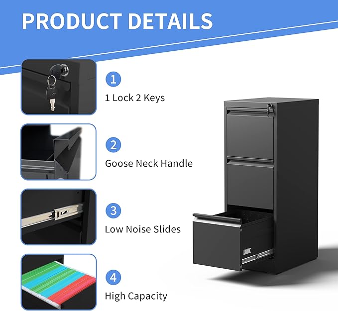 Vertical File Cabinet with Drawers, 3 Drawer File Cabinet for Home Office, Locking File Cabinet Hanging Files for A4/ Legal/Letter, Black