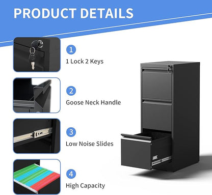 Vertical File Cabinet with Drawers, 3 Drawer File Cabinet for Home Office, Locking File Cabinet Hanging Files for A4/ Legal/Letter, Black