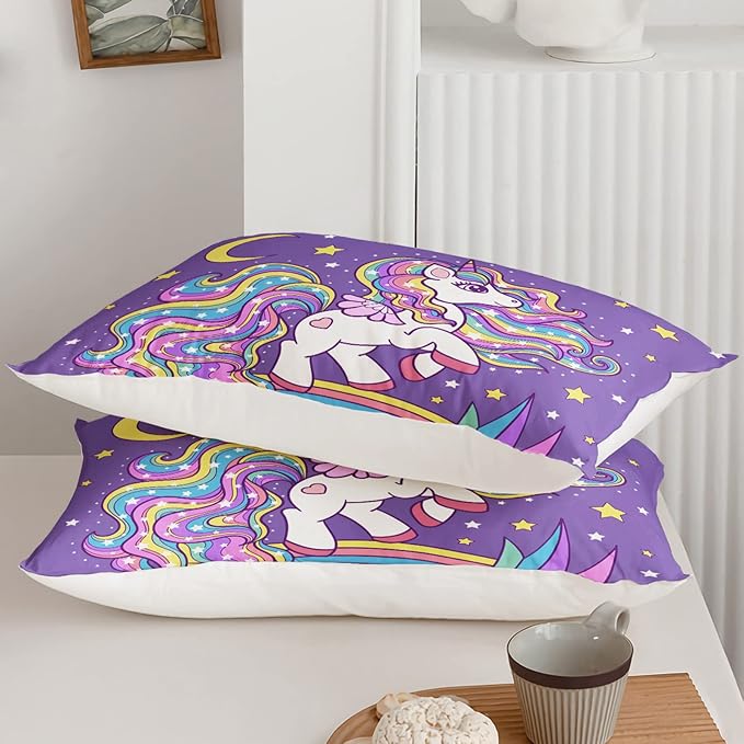 Unicorn Comforter Full Size,Rainbow Unicorn Comforter Set for Kids Teens Girls,3Pcs Bedding Set Printed Comforter with 2 Pillowcases,Down Alternative,Soft and Lightweight(Purple，Full Size)