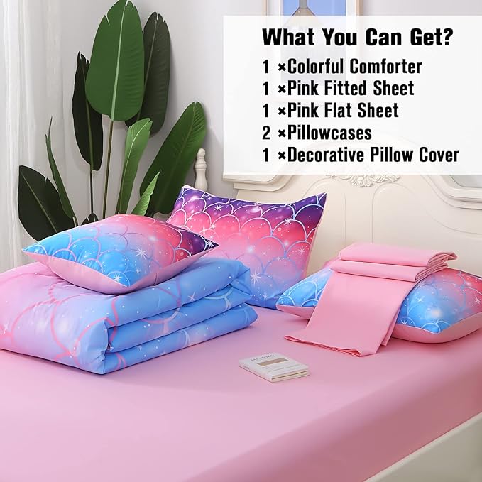 JQinHome Queen Size Mermaid Comforter Set, 6 Piece Bed in A Bag 3D Colorful Bedding Set for Girls kids (1 Comforter,2 Pillowcases,1 Flat Sheet,1 Fitted Sheet,1 Cushion Cover)(Pink Mermaid Scale)