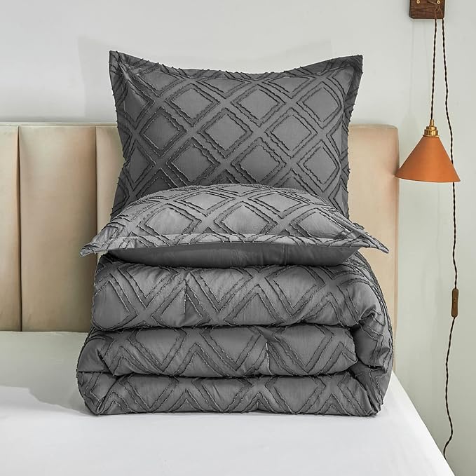7 Pieces Tufted Bed in a Bag King Comforter Set with Sheets Dark Grey, Soft and Embroidery Shabby Chic Boho Bohemian, Luxury Solid Color with Diamond Pattern, Jacquard Tufts Bedding Set for All Season