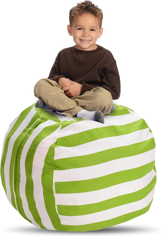 Creative QT Stuff ’n Sit Extra Large 38’’ Bean Bag Storage Cover for Stuffed Animals & Toys – Green & White Stripe – Toddler & Kids’ Rooms Organizer – Giant Beanbag Great Plush Toy Hammock Alternative