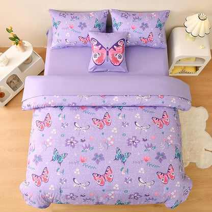 Butterfly Bedding Set Full, Purple Butterfly Comforter Set for Girls Kids Teens 6 pcs Bed in a Bag Full Bedding Sets for Girls