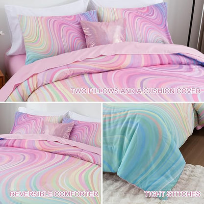 Btargot Super Soft 6 Pieces Gradient Wavy Line Comforter Set, Colorful Glitter Rainbow Star Pattern Bedding Set for Boys Girls Teens, Queen Pink Green
