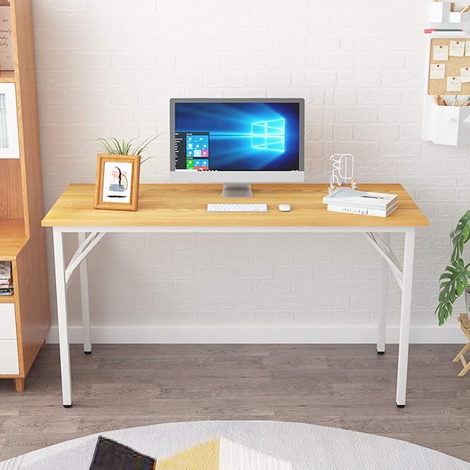 SDHYL 55inchesNo Assembly Foldable Computer Desk for Home Office Workstation, Study and Writing, Teak Board and White Leg
