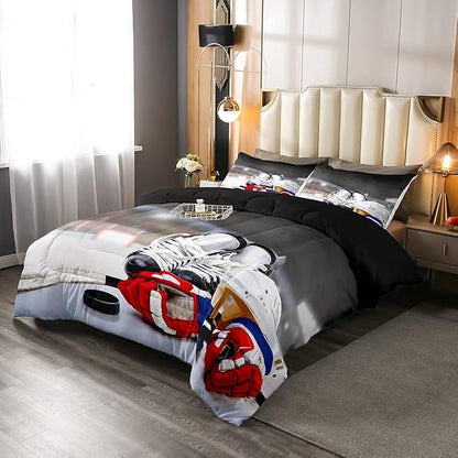 Erosebridal Ice Hockey Comforter Set King, Hockey Player Down Comforter for Kids Boys Girls Teens Juvenile, Sports Game Duvet Set, Soft Winter Quilted Duvet Sports Bedroom Decor for All Season