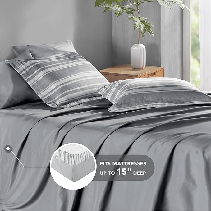 King Size Bed in a Bag, Full Bedding Sets, Modern Farmhouse Grey and White Striped Comforter with Sheets, 7-Piece Complete Bedroom Set