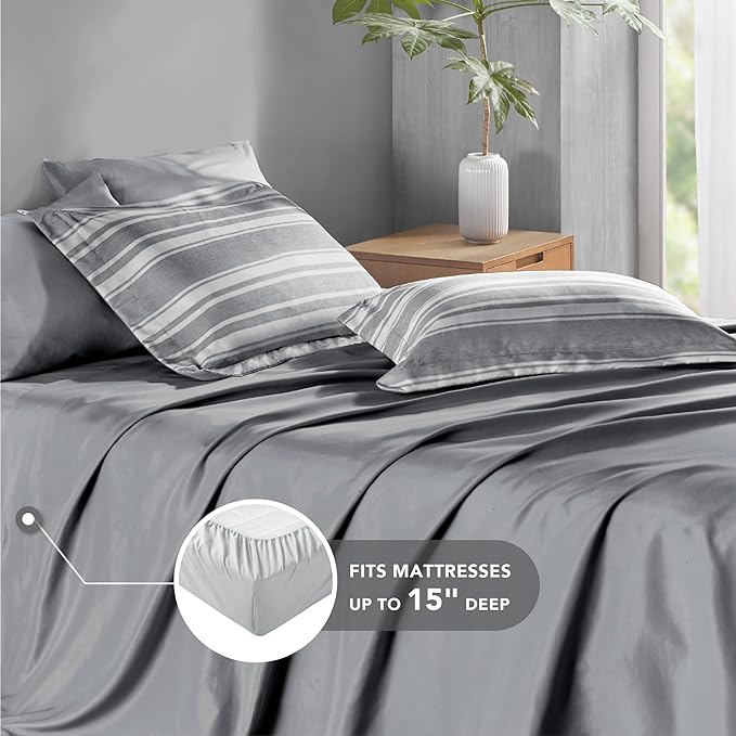 Queen Size Bed in a Bag, Full Bedding Sets, Modern Farmhouse Grey and White Striped Comforter with Sheets, 7-Piece Complete Bedroom Set