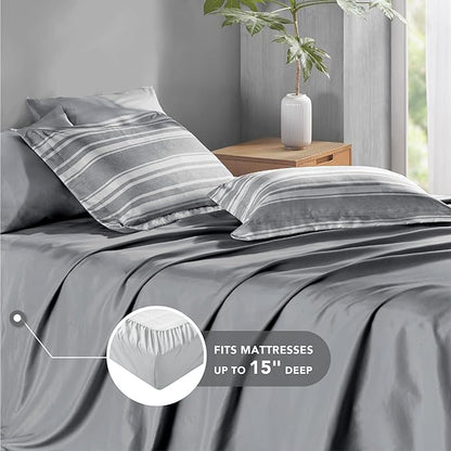 Queen Size Bed in a Bag, Full Bedding Sets, Modern Farmhouse Grey and White Striped Comforter with Sheets, 7-Piece Complete Bedroom Set