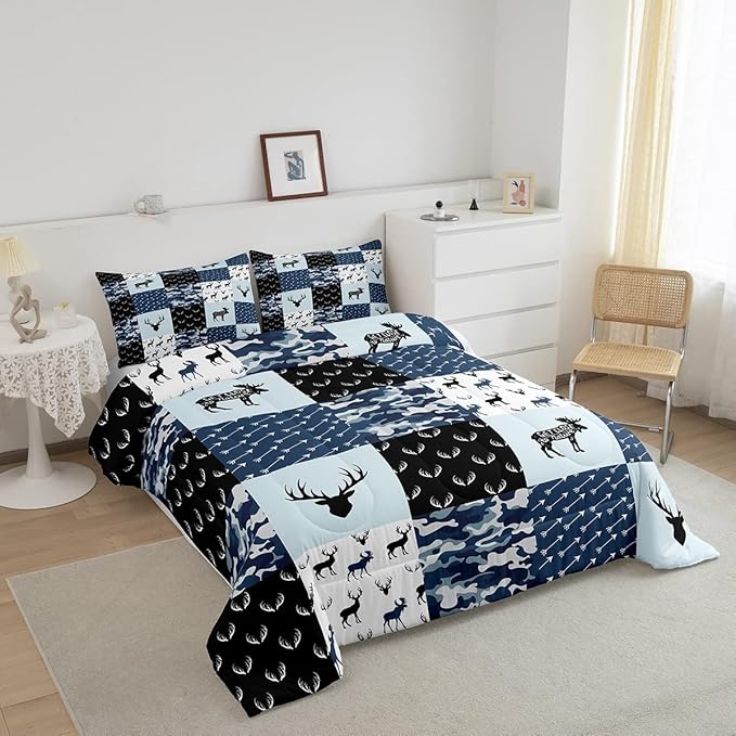 Cute Deer Comforter Set Full, Military Camo Bedding Set for Kids Boys Teens Bedroom Tribal Animal Antlers Silhouette Quilted Comforter Checkered Plaid Arrows Bedding Comforters, Army Blue and White