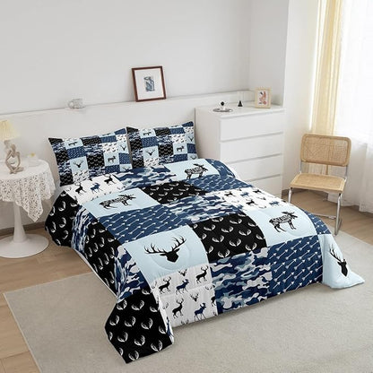 Cute Deer Comforter Set Queen, Military Camo Bedding Set for Kids Boys Teens Bedroom Tribal Animal Antlers Silhouette Quilted Comforter Checkered Plaid Arrows Bedding Comforters, Army Blue and White