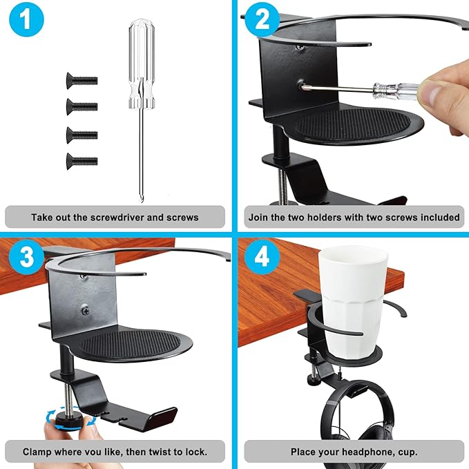 Desk Cup Holder, 2-in-1 Adjustable & 360° Rotating Office Gaming Desk Accessories for Under Desk Headphone Stand Hanging Headset, Holding Coffee Mug, Drinks, Water Bottle – Black