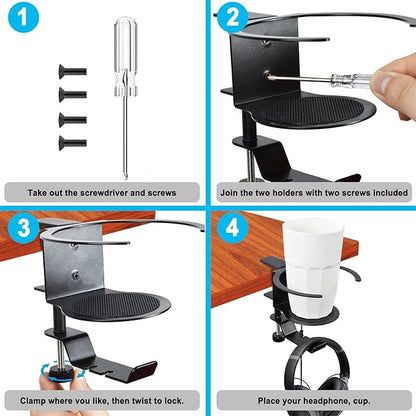 Desk Cup Holder, 2-in-1 Adjustable & 360° Rotating Office Gaming Desk Accessories for Under Desk Headphone Stand Hanging Headset, Holding Coffee Mug, Drinks, Water Bottle – Black