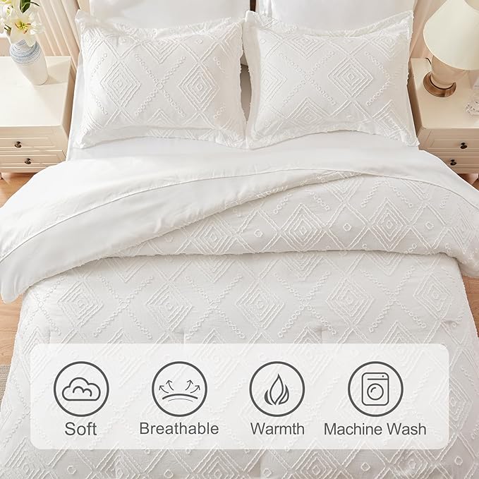 EMME King Comforter Set - 7 Pcs White Boho Comforter Set, Tufted King Size Bedding Sets with Sheets, Shabby Chic Embroidery Bed Set Fluffy Bed Bag for All Season(102"X90")
