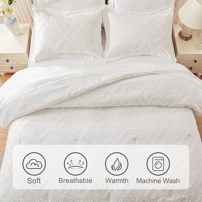 EMME Queen Comforter Set - 7 Pcs White Boho Bedding Sets, Full Size Tufted Comforter with Sheets, Shabby Chic Embroidery Bed Set Fluffy Bed Bag for All Season(90"X90")