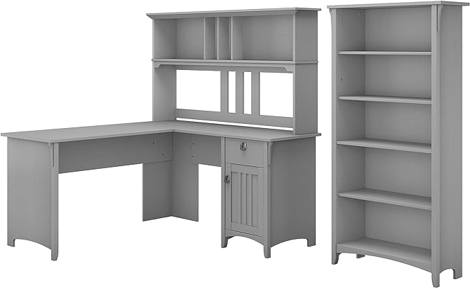 Bush Furniture Salinas 60W L Shaped Desk with Hutch and 5 Shelf Bookcase in Cape Cod Gray