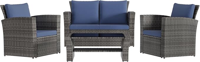 Solaste 4 Piece Outdoor Patio Furniture Set, Outdoor Sectional Sofa with Tempered Glass Coffee Table and Cushions, Wicker Rattan Patio Set for Backyard, Front Porch, Balcony, Blue