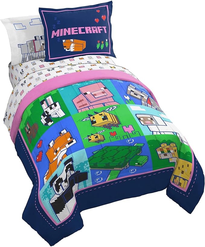 Jay Franco Minecraft Animal Patch 7 Piece Full Bed Set - includes Comforter & Sheet Set Bedding - Super Soft Fade Resistant Microfiber (Official Minecraft Product)
