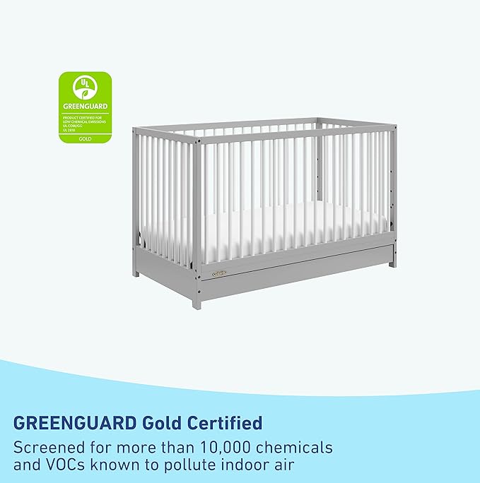 Graco Teddi 5-in-1 Convertible Crib with Drawer (Pebble Gray with White) – GREENGUARD Gold Certified, Crib with Drawer Combo, Full-Size Nursery Storage Drawer, Converts to Toddler Bed