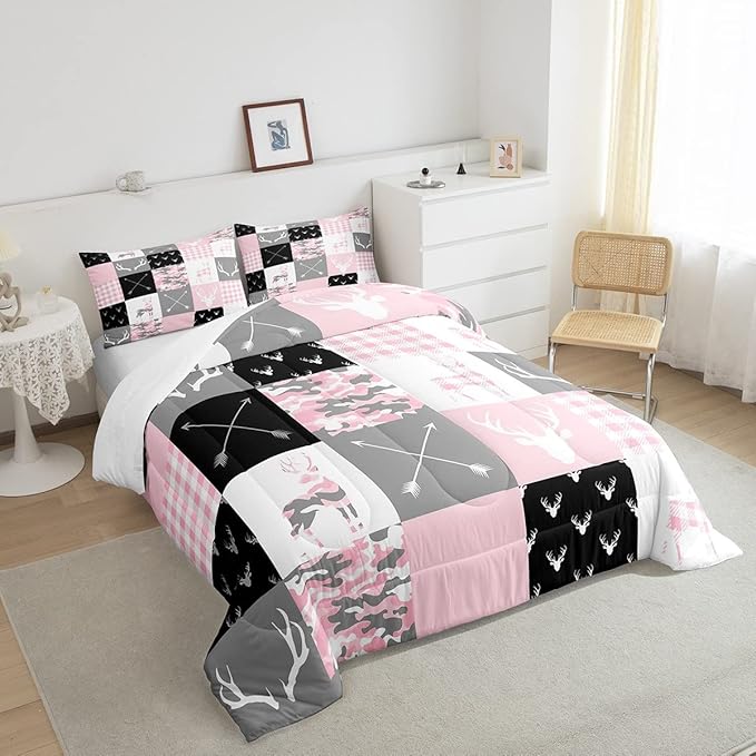 Deer Antlers Comforter Set Queen Size,Camo Western Rustic Farmhouse Xmas Bedding 3pcs for Kids Teens Boys Girls Room Decor,Boho Arrows Geometric Plaids Down Comforter,Pink Duvet Insert,2 Pillowcases