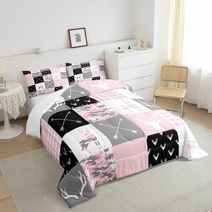Pink Camo Deer Silhouette Kids Comforter Set King Size,Rustic Farmhouse Animals Hunting Bedding 3pcs for Boys Girls Room Decor,Antlers Boho Arrow Geometric Plaids Patchwork Duvet Insert,2 Pillowcases