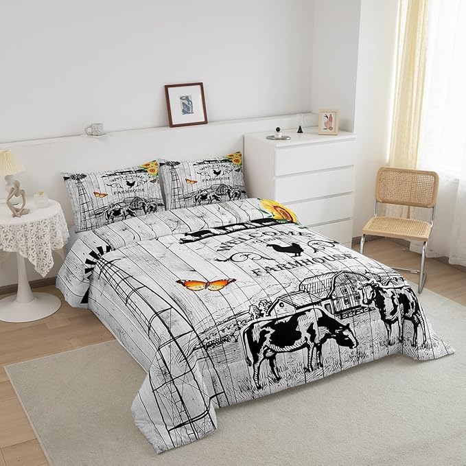 Farmhouse Windmill Comforter Set Full Size Rustic Farm Barn Door Bedding Comforter Sets for Cowboy Cowgirl, Vintage Western Cow Gifts Bedding Room Decor Butterfly Sunflowers Wooden Plank Duvet Insert