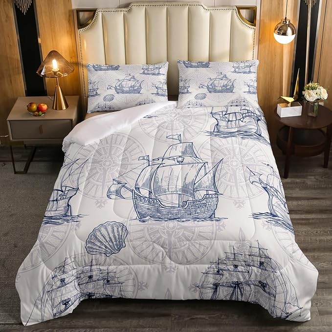 Nautical Comforter Set Sailboat Down Comforter Twin,Blue White Vintage Style Quilted Duvet Set Luxury Anchor Crab Pattern Bedding Insert Set for Kids, Adult Teen Boys Girls Bedroom Ocean Beach Decor
