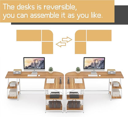 L Shaped Desk Reversible, Corner Computer L Desk with Storage Shelves, Modern Gaming Desk Workstation for Home Office, Walnut