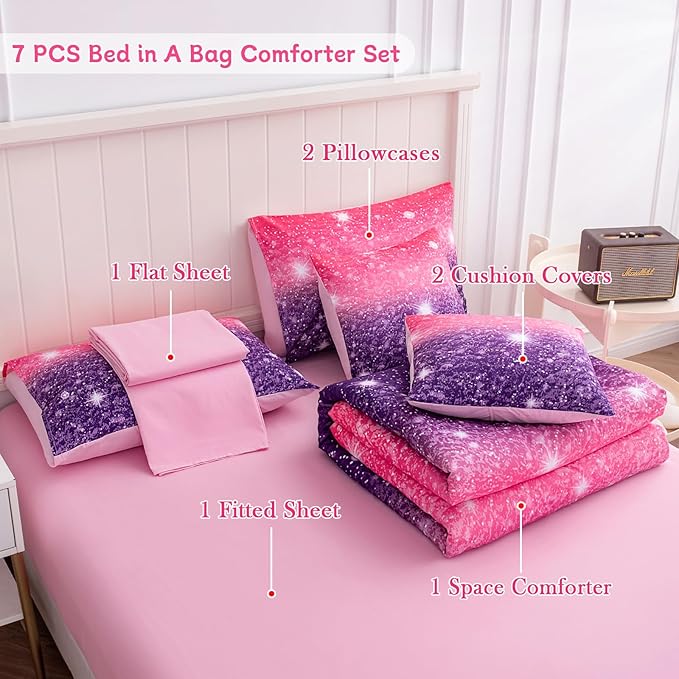Full Size Bedding Sets Kids Bedding Sets for Girls,Galaxy Bedding 7pieces Glitter Pink Comforter Colorful Comforter Full Size Comforter Sets for Teen Girls(Purple)